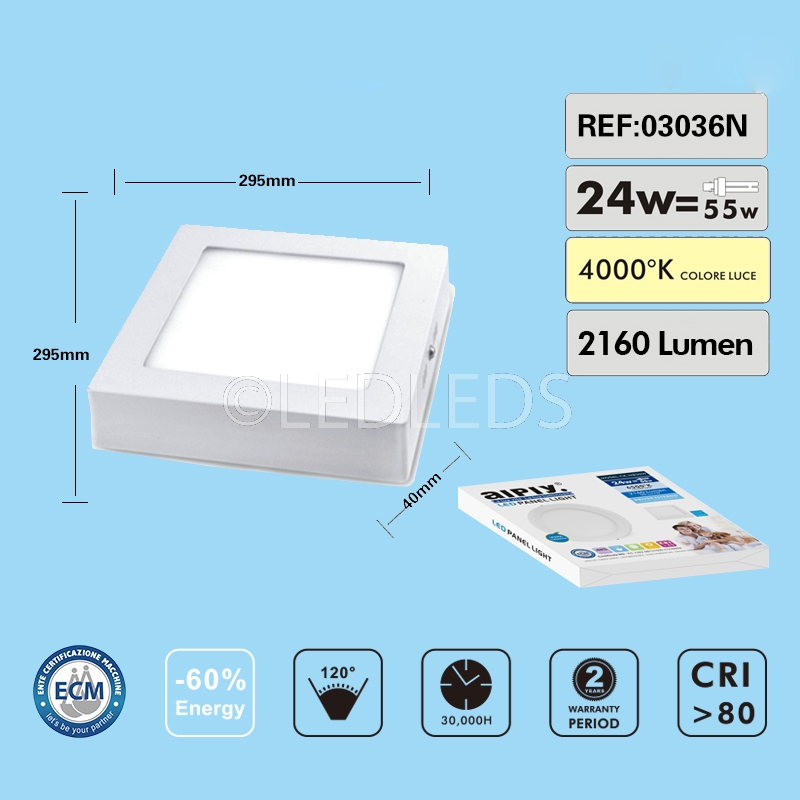 APPLIQUE PLAFONIERA FARETTO QUADRATO SOFFITTO A LED 24W 220V LUCE NATURALE 4000K