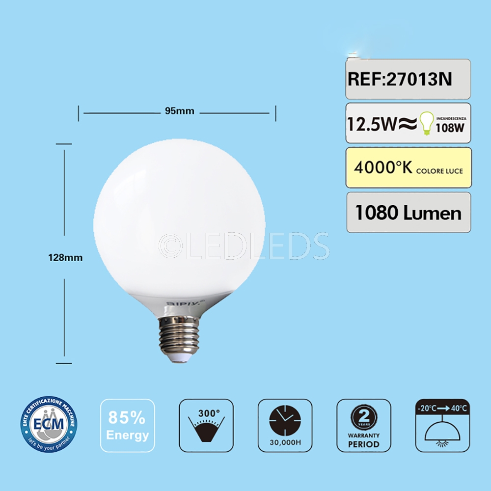 Lampadina Lampada Led Globo E27 12W resa 108 watt Luce Naturale 4000k sfera