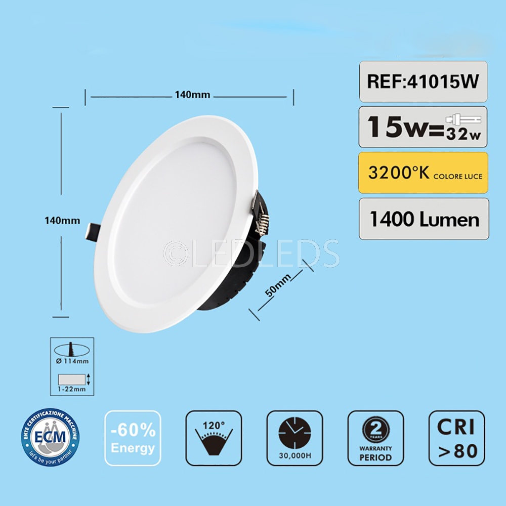 FARETTO LED PANNELLO INCASSO ROTONDO 15W FORO 11,4 CM LUCE CALDA 3200K 220V