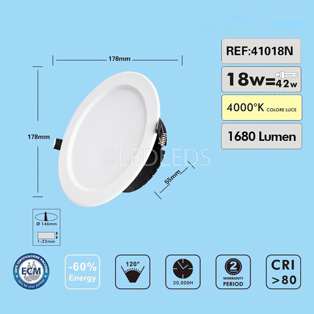 FARETTO LED PANNELLO INCASSO ROTONDO 18W FORO 14,6 CM LUCE NATURALE 4000K 220V