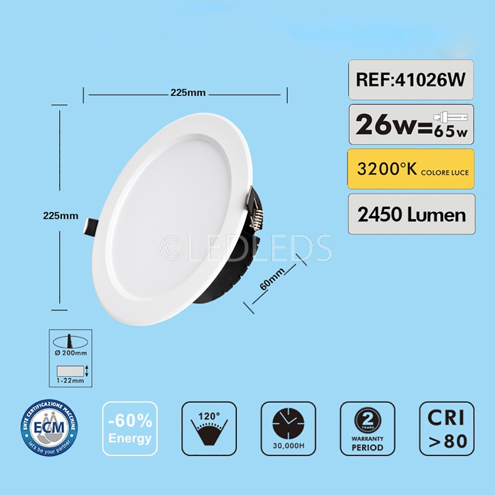 FARETTO LED PANNELLO INCASSO ROTONDO 26W FORO 22 CM LUCE CALDA 3200K 220V