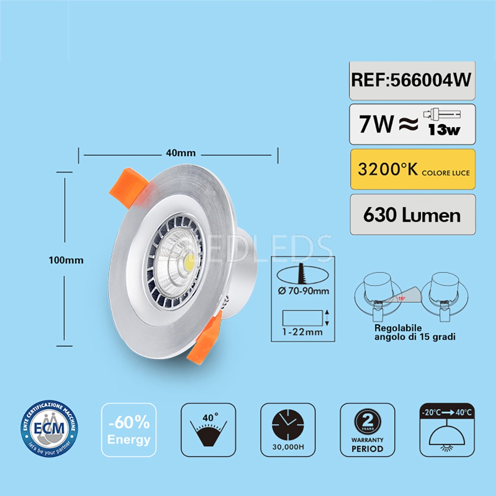 LAMPADA FARETTO DA INCASSO COB 7W LED ROTONDO ORIENTABILE LUCE CALDA 3200K