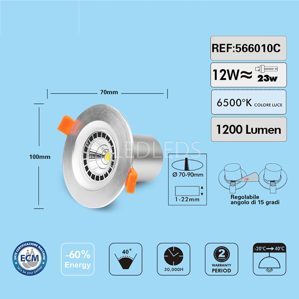 LAMPADA FARETTO DA INCASSO COB 12W LED ROTONDO ORIENTABILE LUCE FREDDA 6500K