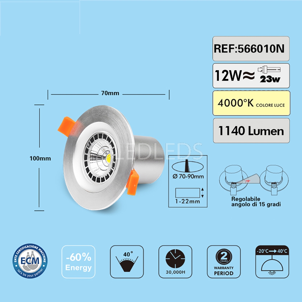 LAMPADA FARETTO DA INCASSO COB 12W LED ROTONDO ORIENTABILE LUCE NATURALE 4000K