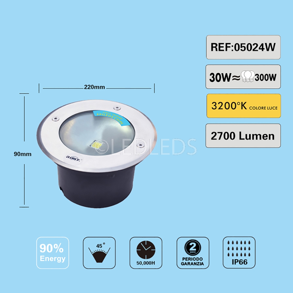 FARETTO SEGNAPASSO CALPESTABILE 30W RESA 300W IP67 LED COB LUCE CALDA 3200 K