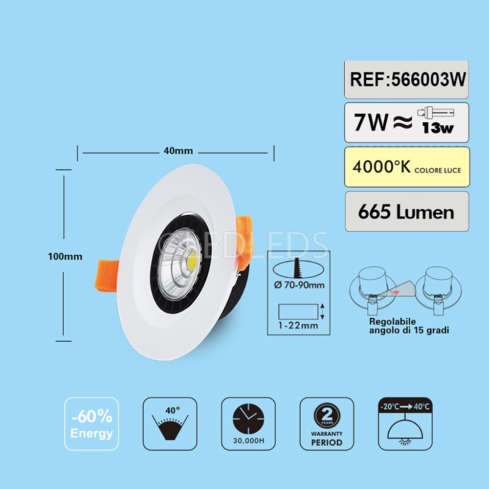 FARETTO BIANCO DA INCASSO COB 7W LED ROTONDO ORIENTABILE LUCE NATURALE 4000K