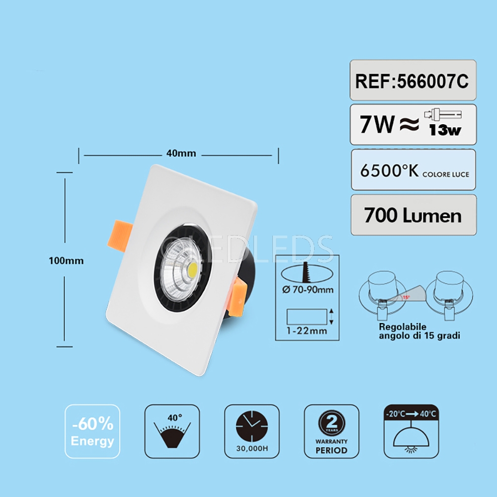 FARETTO BIANCO DA INCASSO COB 7W LED QUADRATO ORIENTABILE LUCE FREDDA 6500K
