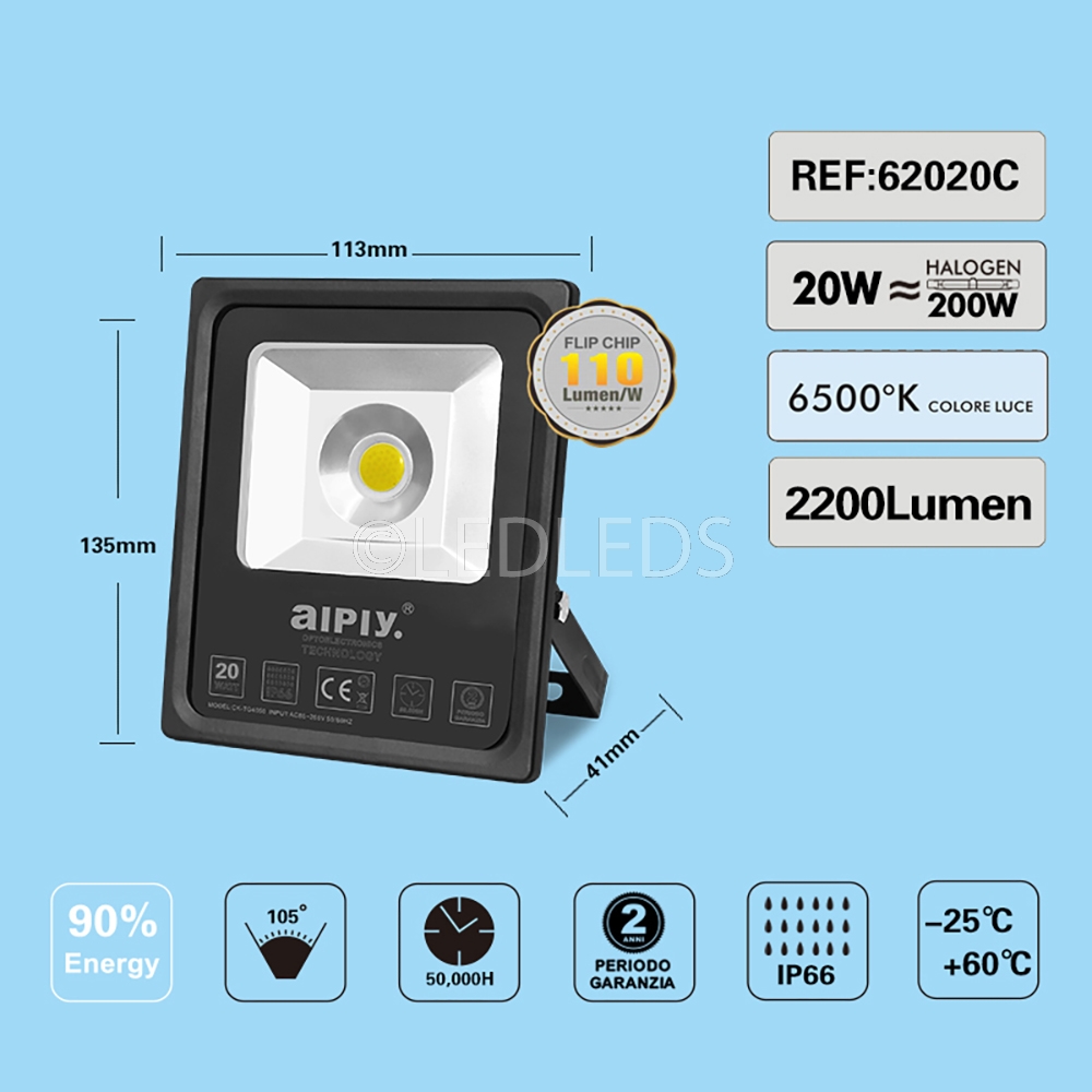 FARO LED DA ESTERNO IP66 20W ALTA LUMINOSITA 2200 LUMEN LUCE FREDDA 6500k AIPIY