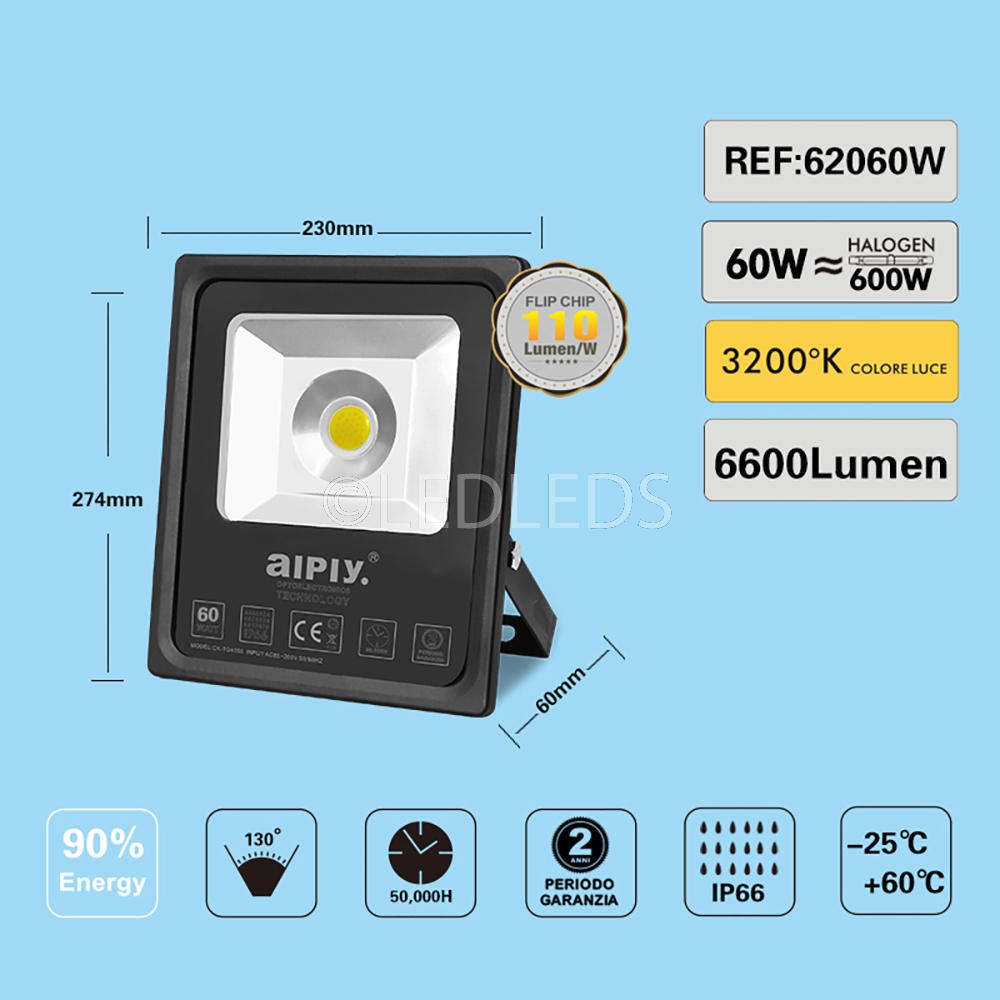 FARO LED DA ESTERNO IP66 60W ALTA LUMINOSITA' 6600 LUMEN LUCE CALDA 3200K AIPIY