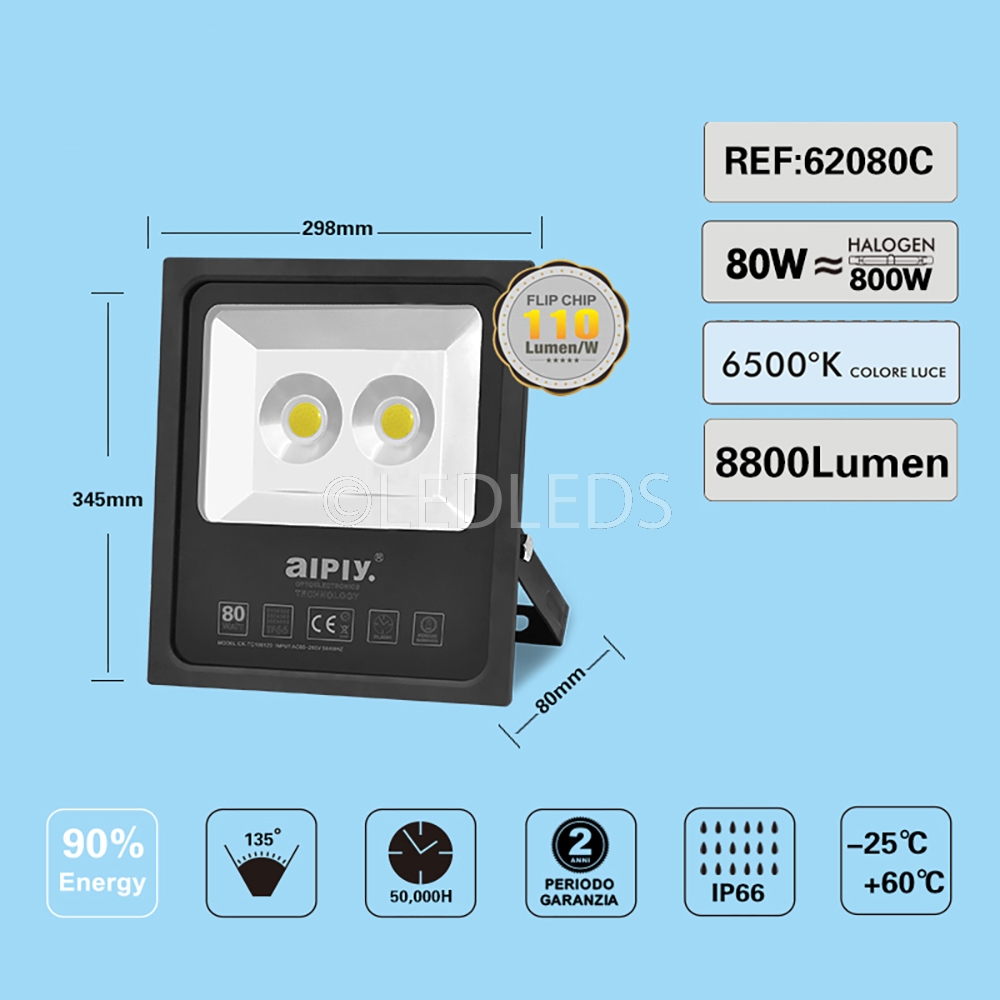 FARO LED DA ESTERNO IP66 80W ALTA LUMINOSITA' 8800 LUMEN LUCE FREDDA 6500K AIPIY