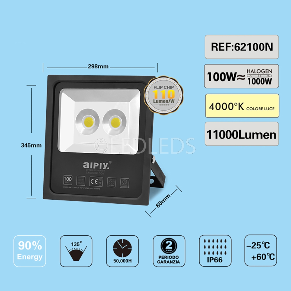 FARO LED DA ESTERNO IP66 100W ALTA LUMINOSITA' 11000 LUMEN LUCE NATURALE 4000K