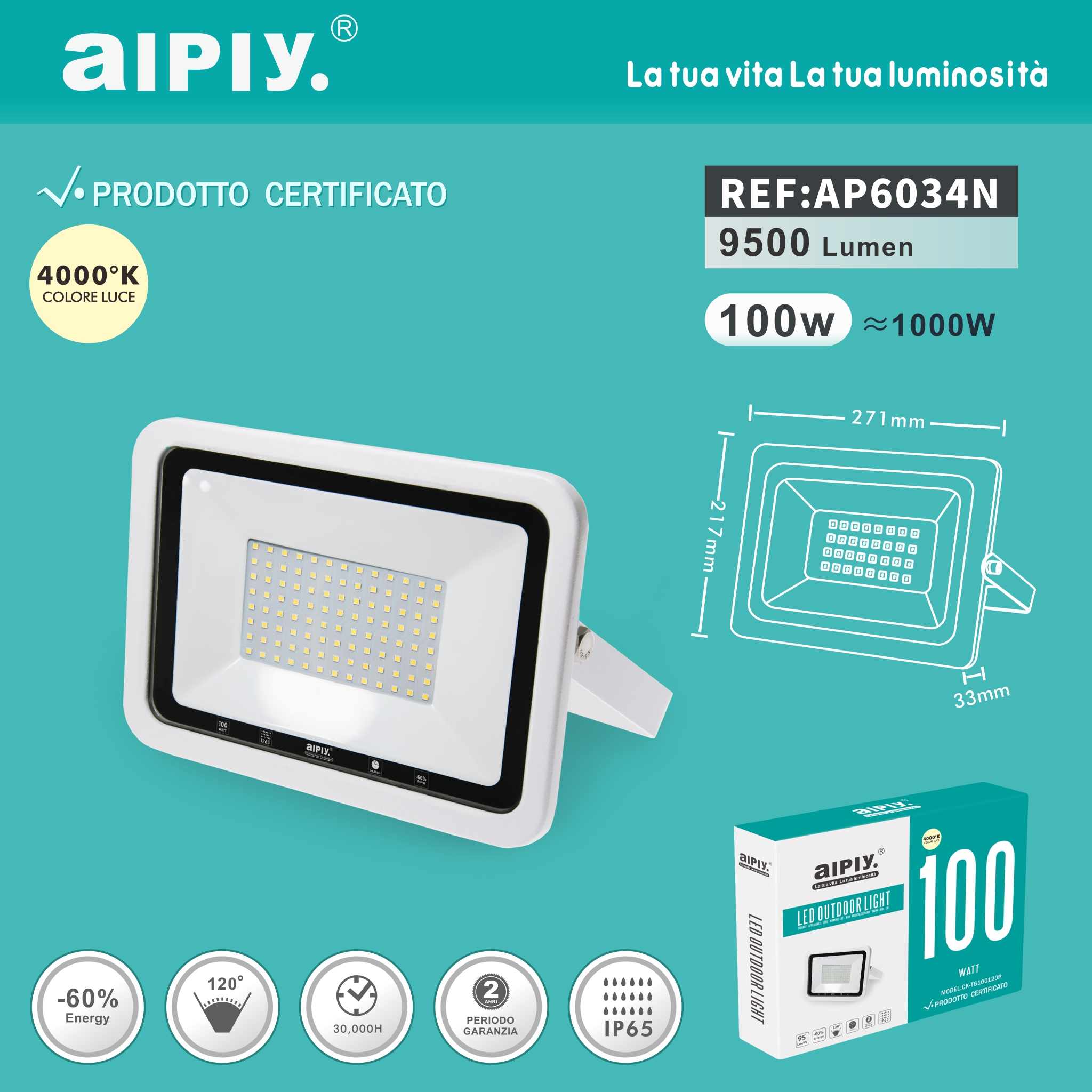 AIPIY FARO LED ESTERNO 100W RESA 1000W LUCE FREDDA 6500K ALTA LUMINOSITA IP66