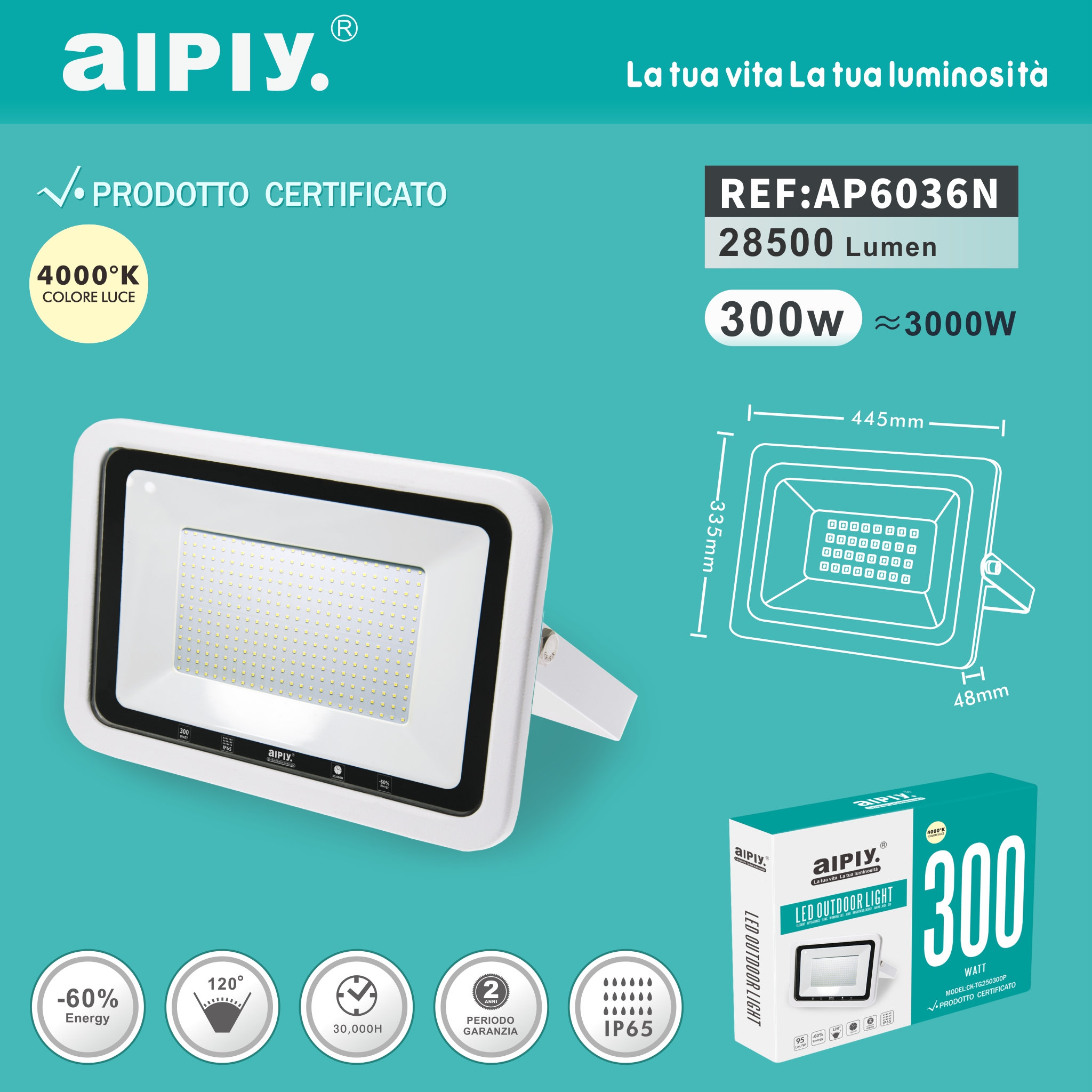 AIPIY FARO LED ESTERNO 300W RESA 3000W LUCE NATURALE 4000K ALTA LUMINOSITA IP66