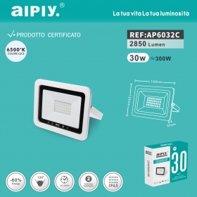 AIPIY FARO LED ESTERNO 30W RESA 300W LUCE FREDDA 6500K ALTA LUMINOSITA IP66 SLIM