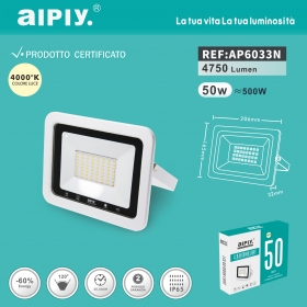 AIPIY FARO LED ESTERNO 50W RESA 500W LUCE BIANCA 4000K ALTA LUMINOSITA IP66 SLIM