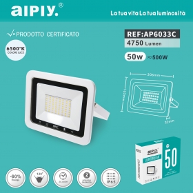 AIPIY FARO LED ESTERNO 50W RESA 500W LUCE FREDDA 6500K ALTA LUMINOSITA IP66 SLIM